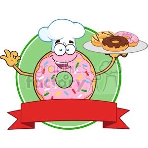 8727 Royalty Free RF Clipart Illustration Chef Pink Donut Cartoon Character With Sprinkles Serving Donuts Circle Label Vector Illustration Isolated On White