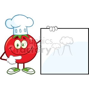 8392 Royalty Free RF Clipart Illustration Smiling Tomato Chef Cartoon Mascot Character Pointing To A Blank Sign Vector Illustration Isolated On White