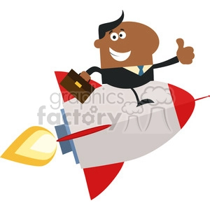 8341 Royalty Free RF Clipart Illustration African American Manager Flying On The Rocket And Giving Thumb Up Flat Style Vector Illustration