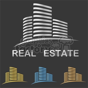 A clipart image featuring a modern, stylized illustration of a skyscraper building with the text 'REAL ESTATE' below it. The main design is silver on a dark background, accompanied by three smaller versions in yellow, blue, and orange.