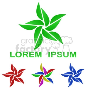 This clipart image features four variations of a pinwheel or windmill-like abstract logo design. The primary design is green with accompanying text 'Lorem Ipsum' in green. Additional smaller versions of the design in red, multicolored, and blue are displayed below the main design.