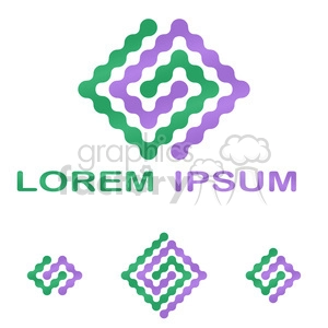 A clipart image featuring an abstract geometric logo with nested diamond shapes composed of green and purple wavy lines. Below the logo, the placeholder text 'Lorem Ipsum' is displayed in matching colors.