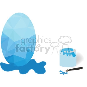 Clipart image of a multicolores egg with blue paint, a bucket of blue paint, and a paintbrush.