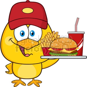 The clipart image features an anthropomorphized cartoon chick wearing a red baseball cap, holding a tray with a hamburger, a side of fries, and a soft drink in a red cup with a straw.
