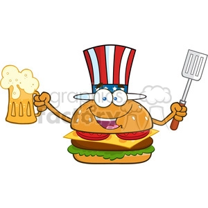 illustration happy american burger cartoon mascot character holding a beer and bbq slotted spatula vector illustration isolated on white background