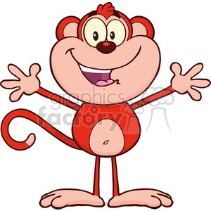 A cheerful cartoon monkey with red fur, standing with arms outstretched, smiling widely.