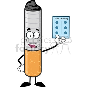 A cheerful anthropomorphic cigarette cartoon character holding a package of stop smoking pills.