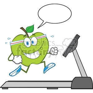 A playful clipart image of a green apple character running on a treadmill, wearing a headband and gym shoes, with a speech bubble above.