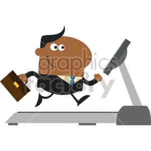 A cheerful cartoon businessman in a suit running on a treadmill while holding a briefcase.