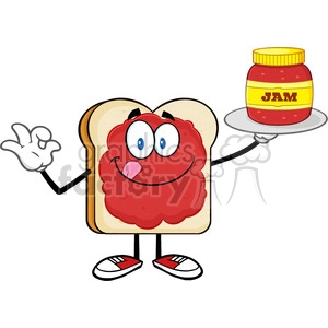 This clipart image features a cartoon slice of bread with a happy face, spread with red jam, and standing upright with arms and legs. The bread is holding a plate with a jar of jam labeled 'JAM' and giving an 'okay' hand sign.
