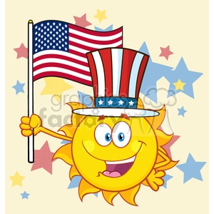cute sun cartoon mascot character with patriotic hat holding an american flag vector illustration background with stars