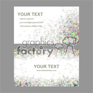 A set of business cards featuring customizable text fields with abstract, colorful polygon patterns. The upper card includes space for contact details, while the lower card provides space for a website address.