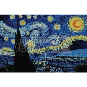 This clipart image is a rendition of Vincent van Gogh's famous painting, 'The Starry Night,' featuring a swirling night sky filled with bright stars and a crescent moon over a quiet town with a cypress tree in the foreground.