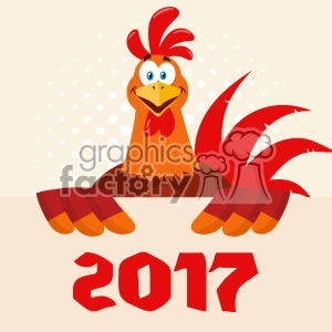 Happy Red Rooster Bird Cartoon Holding A Sign Vector Flat Design Over Halftone Background With 2017 Numbers
