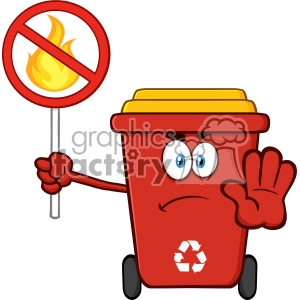 Angry Red Recycle Bin Cartoon Mascot Character Gesturing Stop And Holding A Fire Restricted Sign Vector