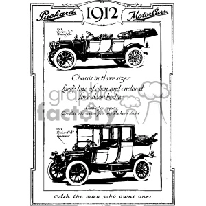 An advertisement for Packard Motor Cars from 1912 showing two vintage car models, details about chassis sizes, available body styles, and a note to consult any Packard dealer for more information.