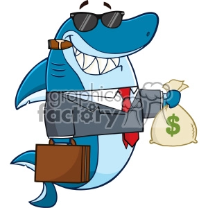 The clipart image depicts a cartoon shark dressed in business attire, including a suit, red tie, and sunglasses. It is grinning widely, showing off its teeth, and holding a briefcase in one fin while gripping a money bag with a dollar sign on it in the other fin. The shark's appearance is friendly and humorous, designed to evoke a fun portrayal of a business character with an aquatic twist.