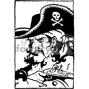 A detailed black and white clipart image of a pirate. The pirate is wearing a hat with a skull and crossbones symbol and has a large earring.
