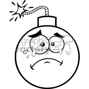 A black and white clipart image of a cartoon bomb with a sad and crying face. The bomb has a lit fuse at the top.