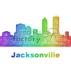 Colorful sketch of Jacksonville skyline with 'Jacksonville' text below.