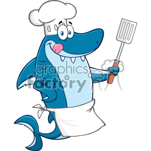 Chef Blue Shark Cartoon Licking His Lips And Holding A Spatula Vector