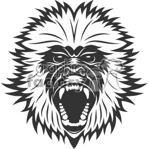 A monochrome clipart image of an aggressive, monkey with its mouth open, showing sharp teeth and a fierce expression.