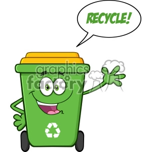 Happy Green Recycle Bin Cartoon Mascot Character Waving For Greeting With Speech Bubble And Text Recycle Vector