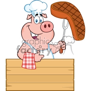 Cartoon Pig Chef with Grilled Steak and Blank Sign