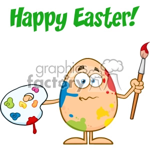 10942 Royalty Free RF Clipart Confused Egg Cartoon Mascot Character Spattered and Holding A Paintbrush And Palette Vector With Text Happy Easter