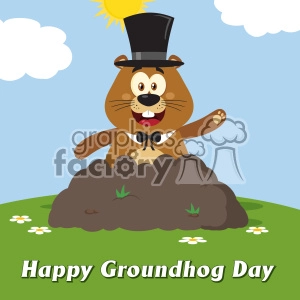 10650 Royalty Free RF Clipart Happy Marmmot Cartoon Mascot Character With Cylinder Hat Waving In Groundhog Day Vector Flat Design With Background And Text Happy Groundhog Day