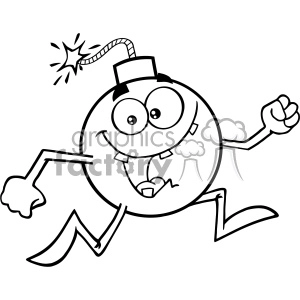 A black and white clipart image of a cartoon bomb character running with a lit fuse on its head, expressing excitement.