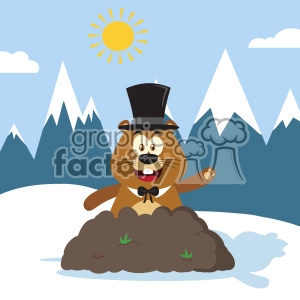 10647 Royalty Free RF Clipart Happy Marmmot Cartoon Mascot Character With Cylinder Hat Waving In Groundhog Day Vector Flat Design With Background