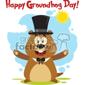 10634 Royalty Free RF Clipart Happy Marmot Cartoon Mascot Character Wearing A Hat And Welcoming With Text And Sunshine Vector Flat Design With Background Isolated On White