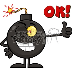 A smiling cartoon bomb character with a lit fuse giving a thumbs-up and winking, with the word 'OK!' written in red nearby.