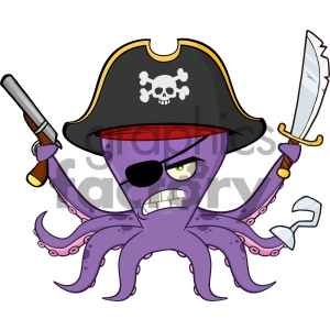 Cartoon Pirate Octopus with Gun, Sword, and Hook