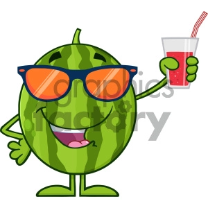 Royalty Free RF Clipart Illustration Green Watermelon Fresh Fruit Cartoon Mascot Character With Sunglasses Presenting And Holding Up A Glass Of Juice Vector Illustration Isolated On White Background