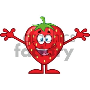 Royalty Free RF Clipart Illustration Happy Strawberry Fruit Cartoon Mascot Character With Open Arms For Hugging Vector Illustration Isolated On White Background