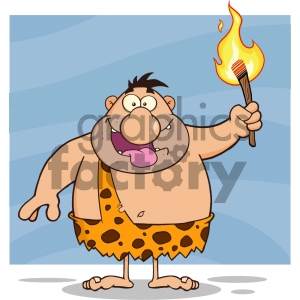 Happy Caveman Cartoon Character Holding Up A Fiery Torch Vector Illustration Isolated On White Background