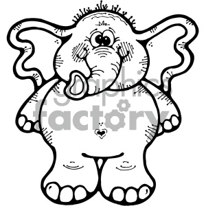 The image is a black and white clipart of a cartoon elephant. The elephant is standing and facing forward, with large ears, a long trunk, and a happy facial expression.