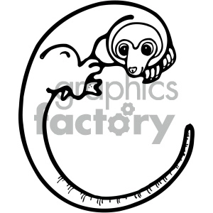 A black and white clipart image of a curled-up lemur with a long tail and large eyes.