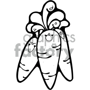 A black and white clipart image of three smiling carrots with happy faces and leafy tops.