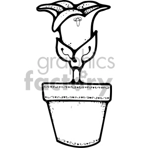 A black and white clipart image of a potted plant with ornate details. The plant features a large flower that bears a seedpod resembling a face. The pot is decorated with swirl and heart patterns.