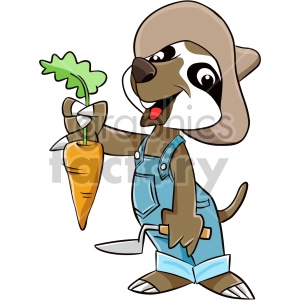The clipart image features a cute animated sloth character dressed as a farmer. The sloth is holding a carrot with its green top visible in one hand. The character is wearing blue overalls and a smile on its face, suggesting it's happy with the harvest.