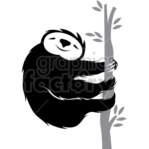 The image is a black and white clipart of a sloth clinging to a tree. The sloth appears relaxed and happy, with a smile on its face, and the tree is stylized with a few leaves.