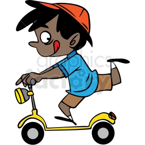 The clipart image shows a cartoon-style Hispanic child riding a scooter. The child is depicted in motion, with one foot on the ground and the other foot pushing off against the scooter, indicating movement. The background is plain white, and there are no other people or objects visible in the image.
