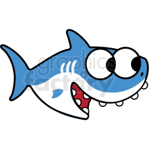 The image is a clipart depiction of a cute cartoon shark. The shark is primarily blue, with a white underbelly and big, expressive eyes. It has a wide-open mouth showing several sharp teeth and a red interior. The shark also has gills illustrated as simple lines and a streamlined body shape typical of sharks, with a pointed nose, dorsal fin on top, and a powerful tail.