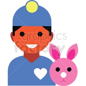 Clipart image of a veterinarian wearing a blue uniform with a heart emblem and a head mirror, next to a pink rabbit.