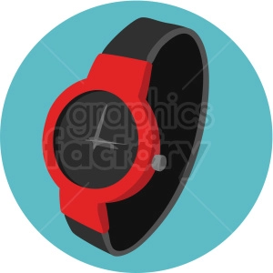 Clipart image of a wristwatch with a red casing and black band.
