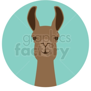 The image displays a stylized, cartoonish image of a llama's head and neck. The llama is brown, and set against a pale blue circular background.