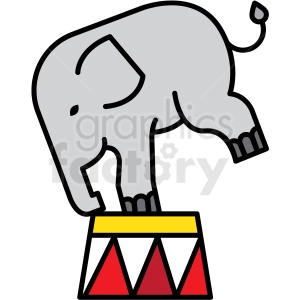A clipart image of a circus elephant balancing on a striped pedestal. The elephant is depicted performing in a circus act, standing on one leg while atop a pedestal decorated in red, white, and yellow colors.
